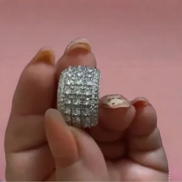 🧊💍Wide Luxurious Silver CZ Diamond 5-Row Sparkle Band Statement Cocktail Ring - Picture 14 of 17